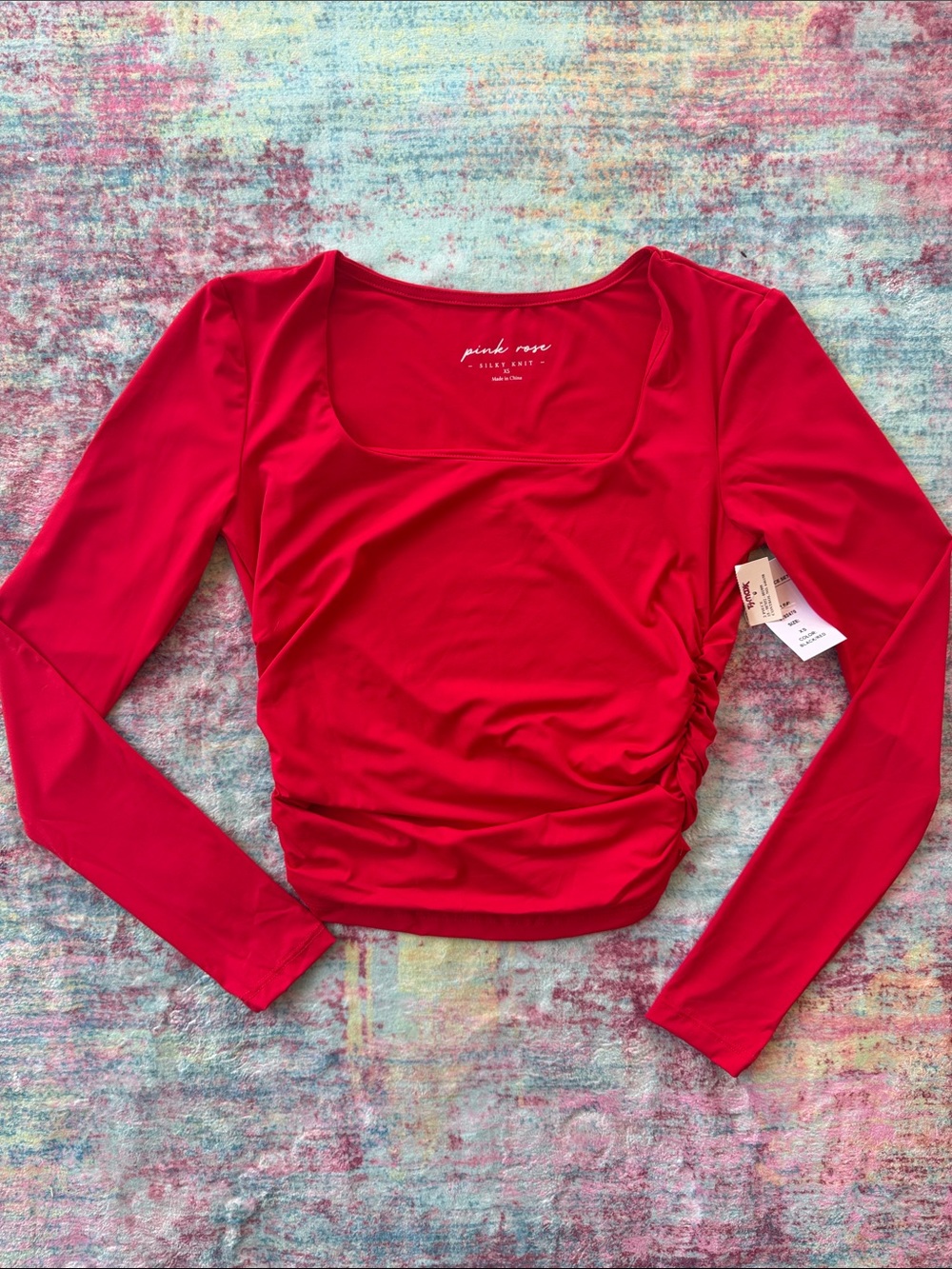 Pink Rose Bright Red Long Sleeve Ruched Scoop Neck Top